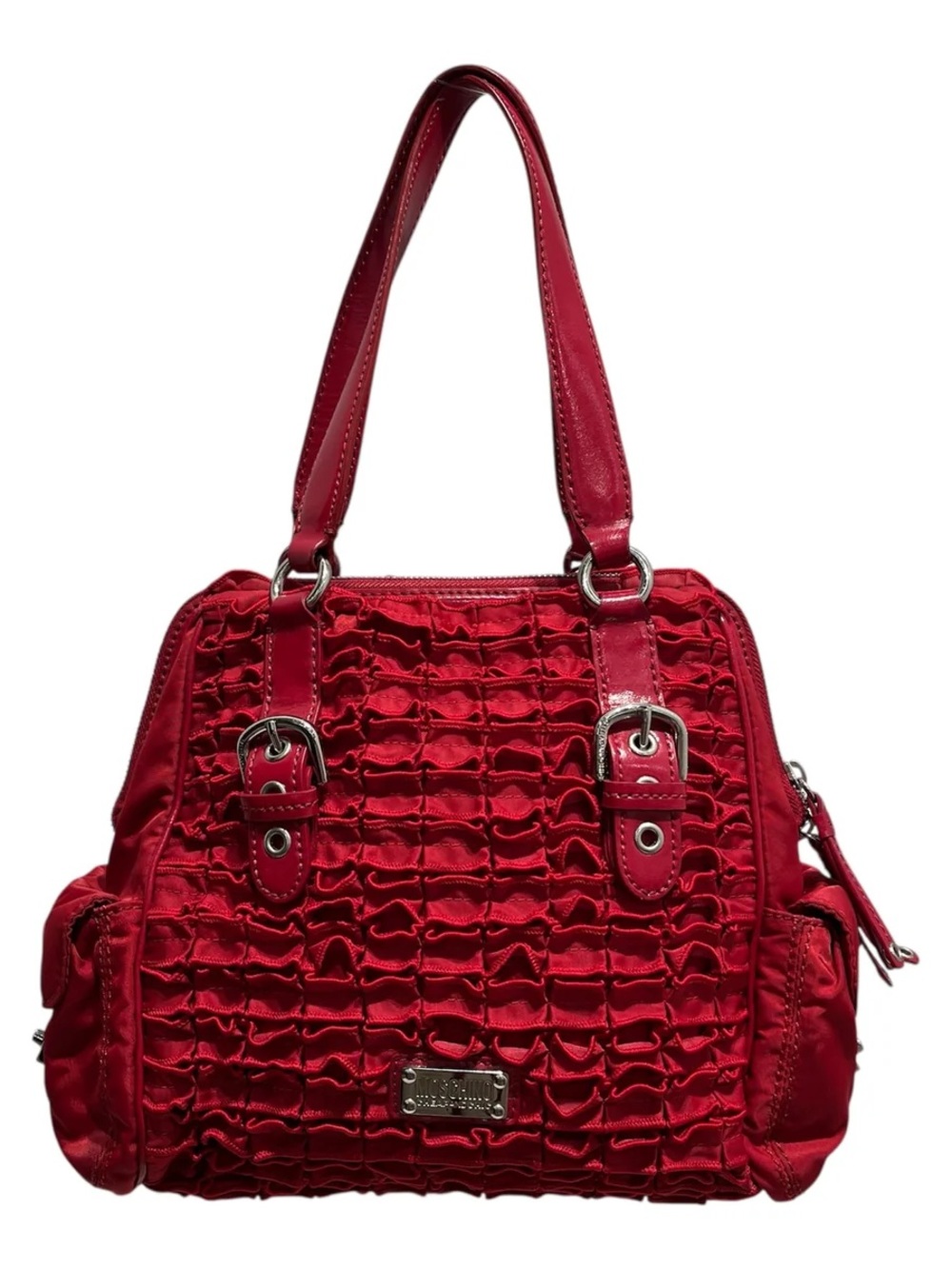 Moschino Red Ruffle Shoulder Bag with Buckle Detail